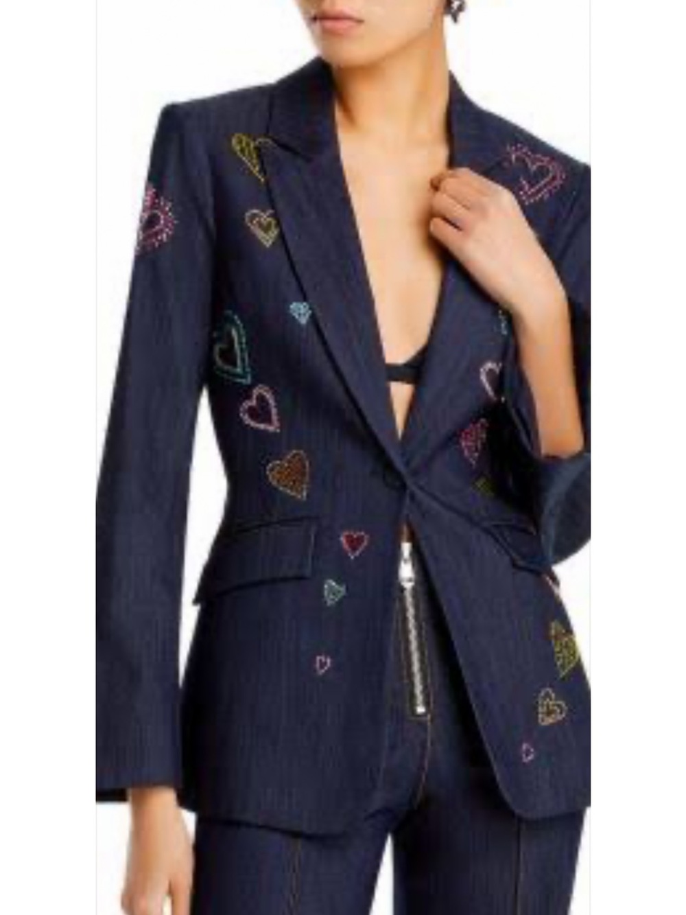 Cinq a Sept Navy Denim Blazer with Multicolor Heart Embellishments